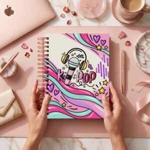 Mockup de portada del pack BTS, modelo 002, con palabra K-pop, micrófono, audífonos y ondas de colores; archivos digitales.