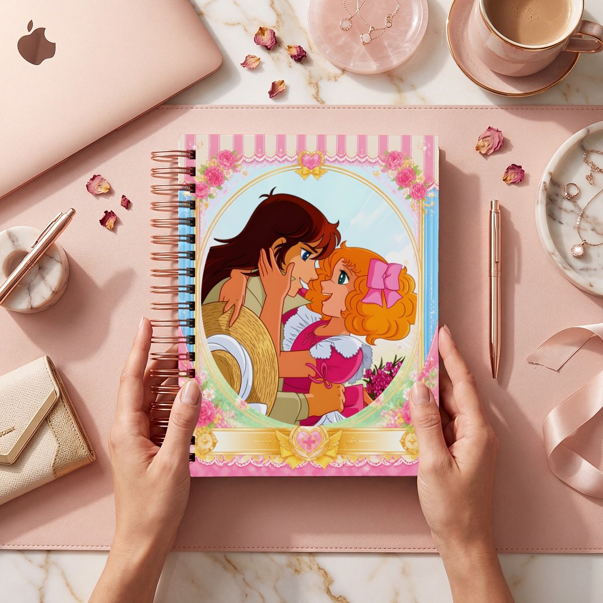 Mockup de portada del pack Candy, modelo 017: Candy junto a un personaje de cabello oscuro, marco oval con rosas y corazones; archivos digitales.