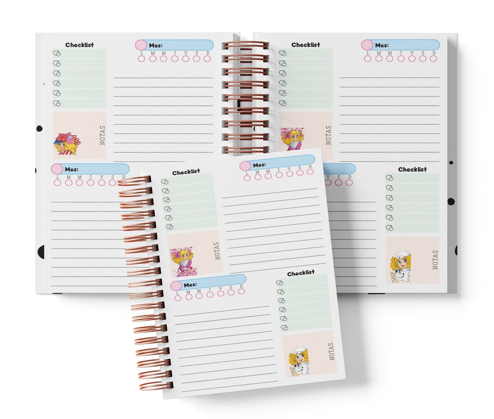 Planner Candy con dos espacios por página, Mes y día por completar, Checklist y notas.