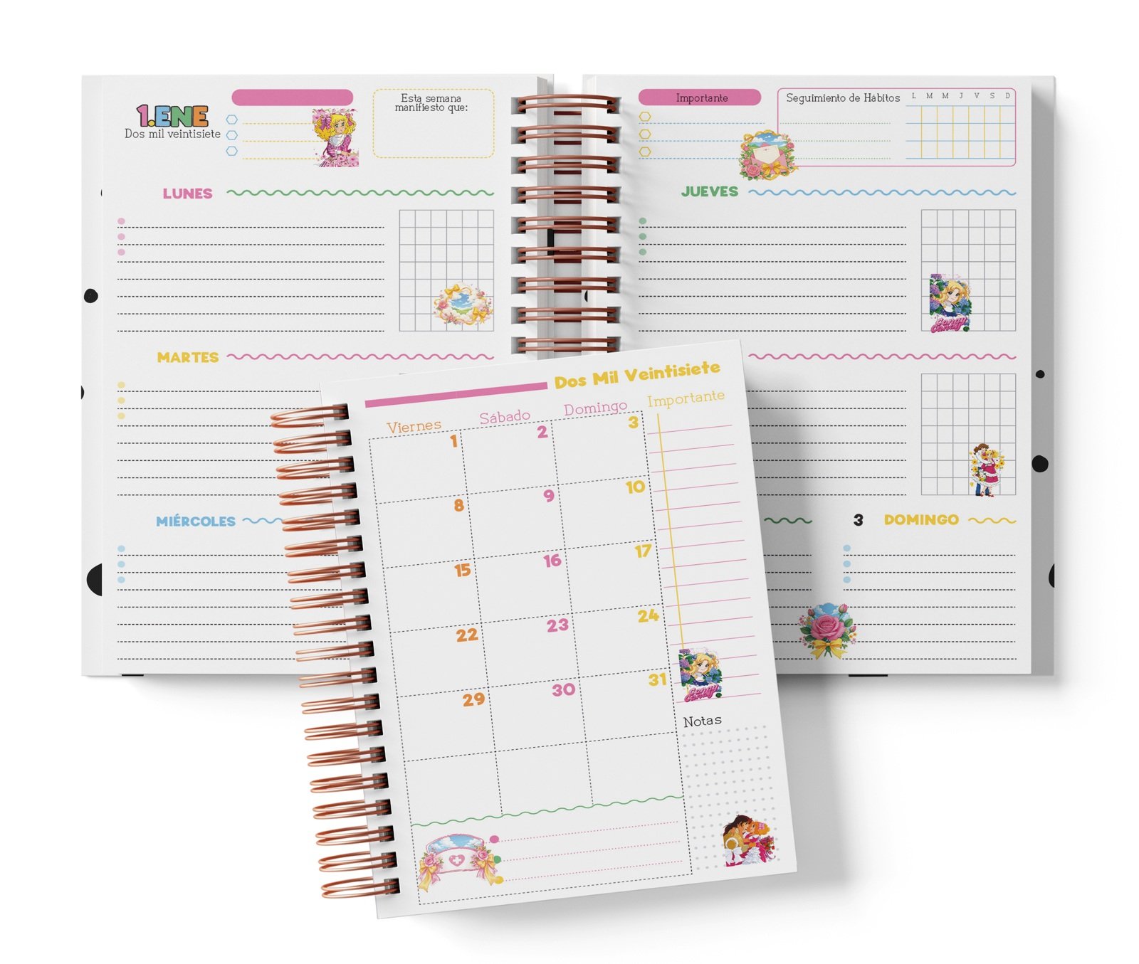 Interior semanal Candy con planificación por días, Seguimiento de Hábitos y muestra mensual.