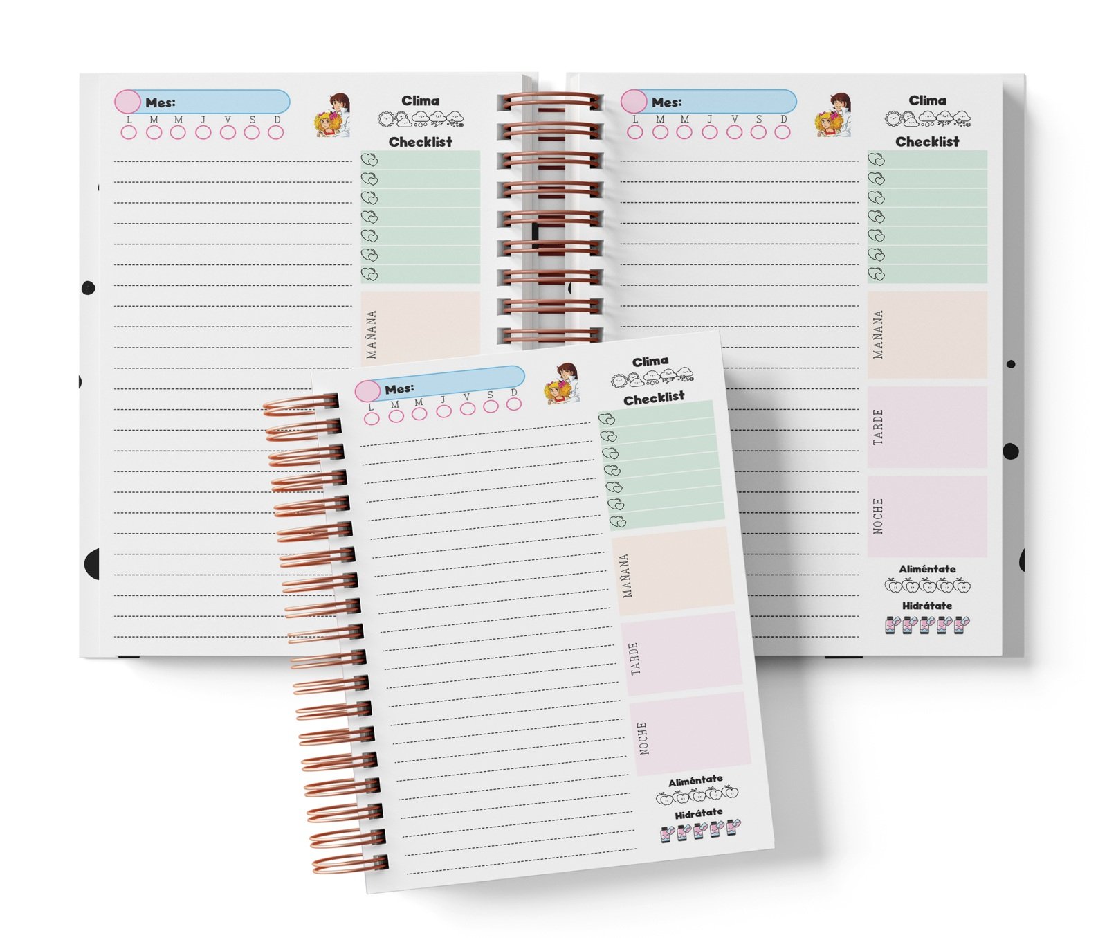 Planner diario Candy con Mes y selector de día por completar, clima, Checklist, alimentación e hidratación.
