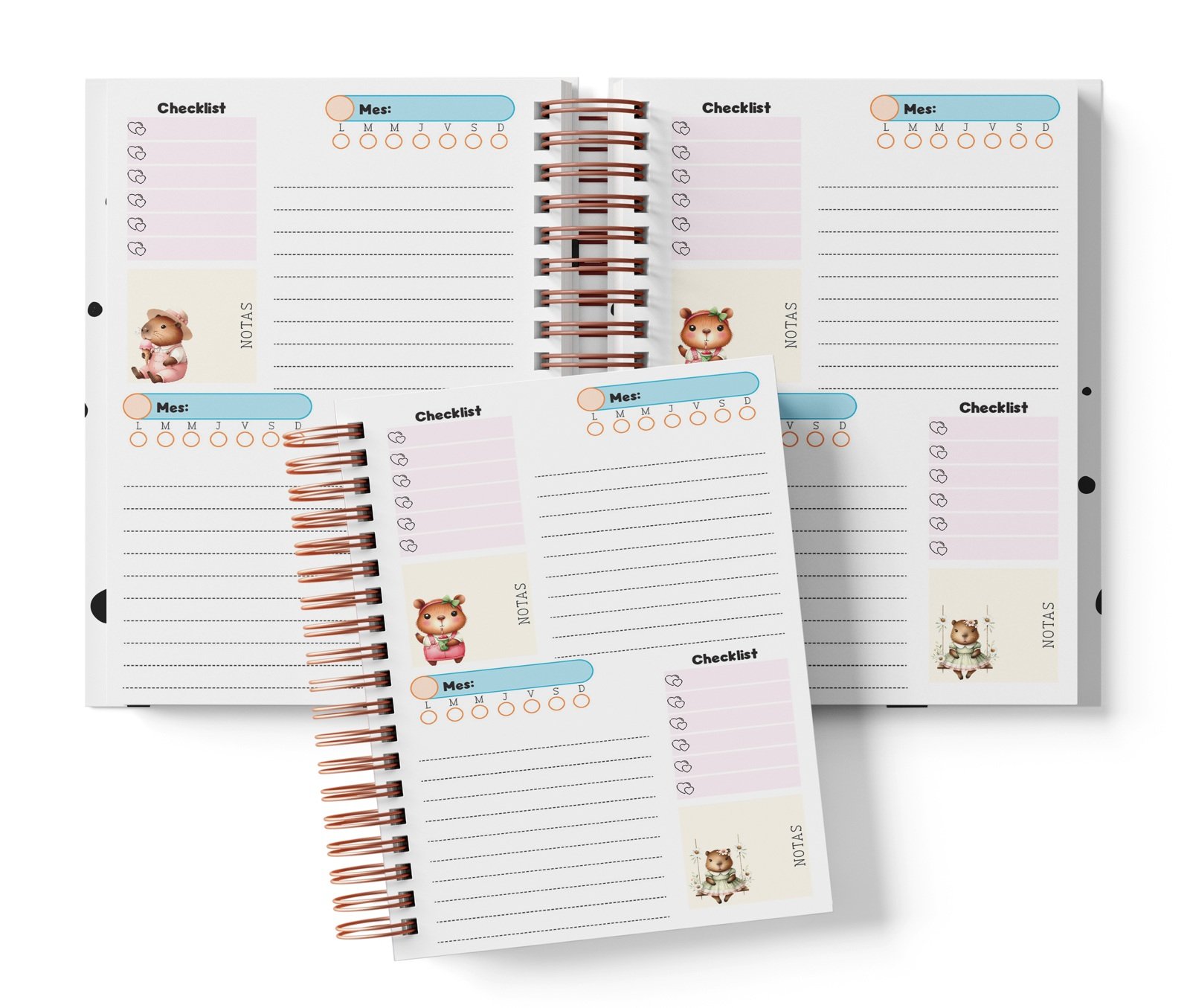 Planner Capibaras con dos espacios por página, Mes y día por completar, Checklist y notas.
