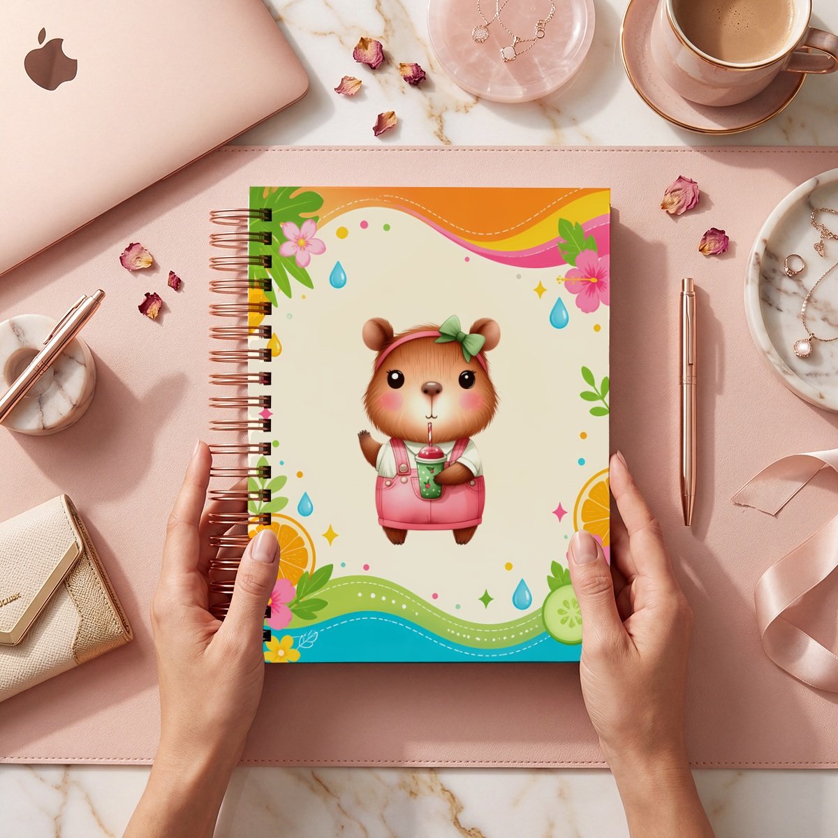 Mockup de portada del pack Capibaras, modelo 022: personaje con overol rosa y bebida, ondas de colores, hojas y fruta; archivos digitales.