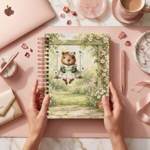 Mockup de portada del pack Capibaras, modelo 002: animal ilustrado con vestido verde sobre un columpio entre flores; archivos digitales.