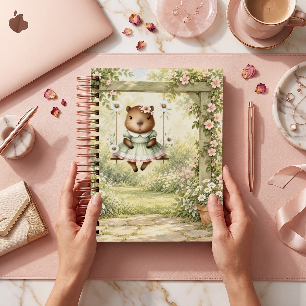 Mockup de portada del pack Capibaras, modelo 002: animal ilustrado con vestido verde sobre un columpio entre flores; archivos digitales.