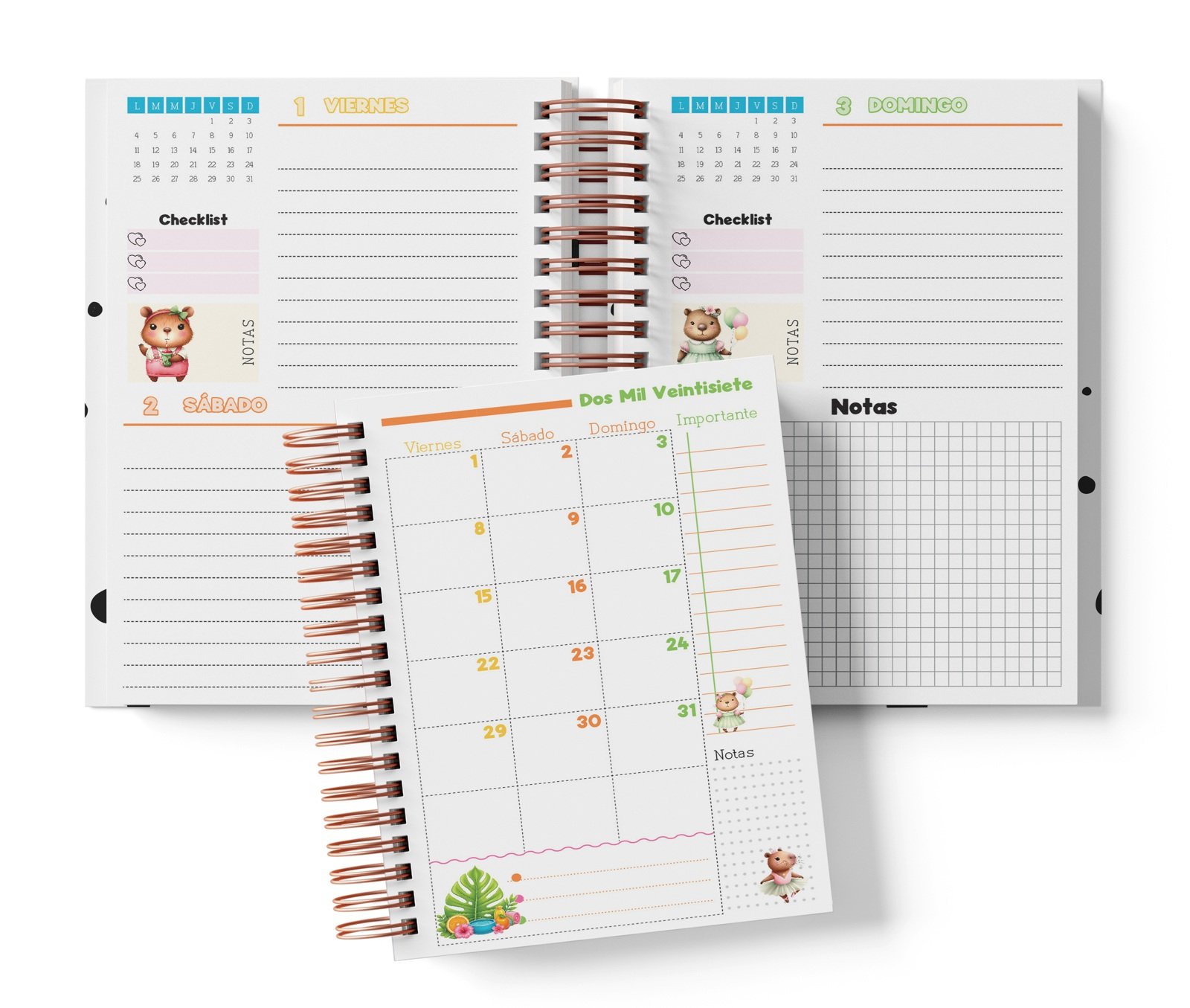 Interior Capibaras de dos días fechado: viernes y sábado, domingo con notas y muestra mensual.