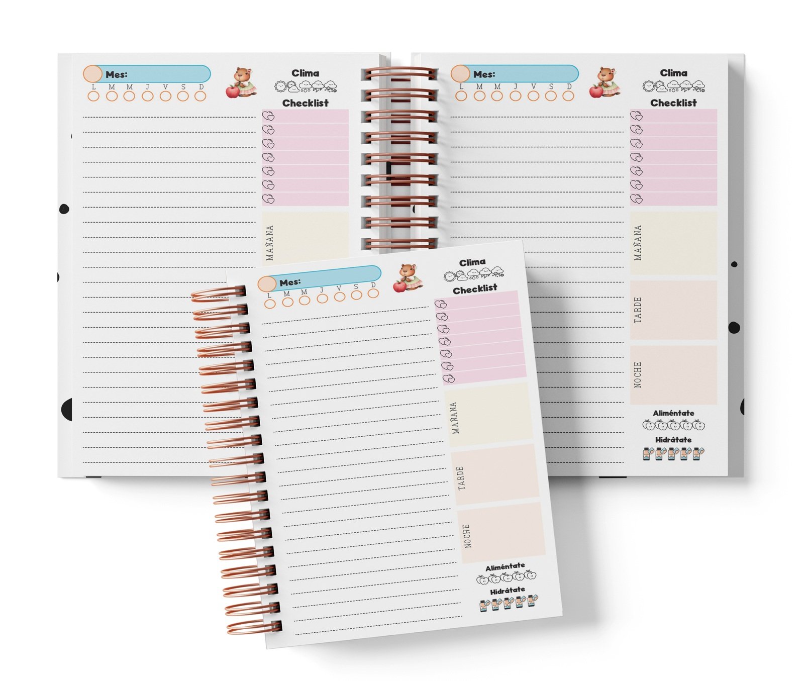 Planner diario Capibaras con Mes y selector de día por completar, clima, Checklist, alimentación e hidratación.