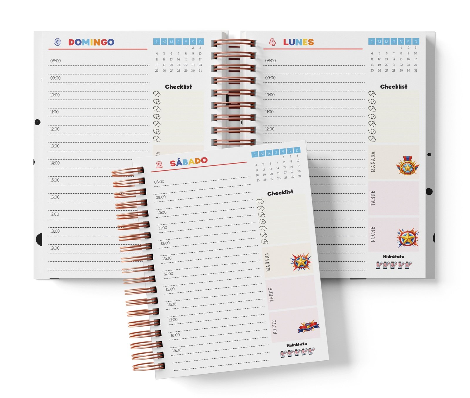 Diaria Capitán América con horario de 08:00 a 19:00, Checklist y bloques de mañana, tarde y noche.