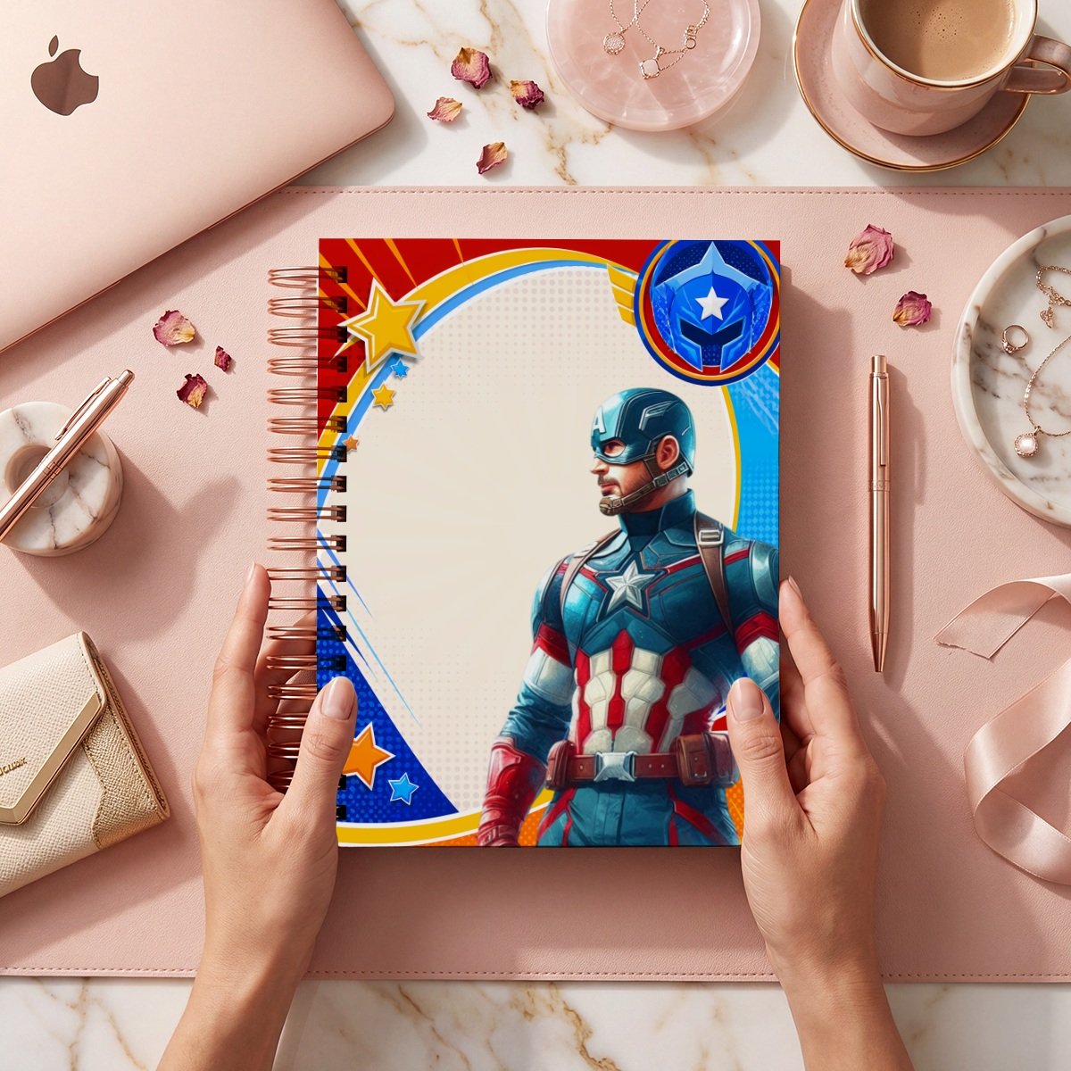 Mockup de portada del pack Capitán América, modelo 014: personaje con escudo, marco rojo azul y amarillo con estrellas; archivos digitales.