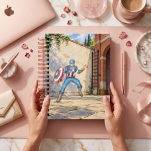 Mockup de portada del pack Capitán América, modelo 003: personaje con escudo en patio de ladrillo y paredes envejecidas; archivos digitales.