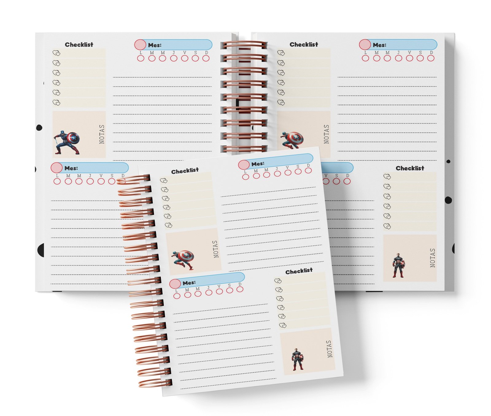 Planner Capitán América con dos espacios por página, Mes y día por completar, Checklist y notas.