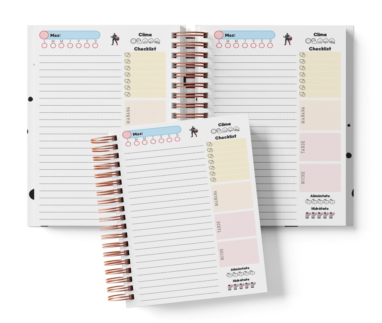Planner diario Capitán América con Mes y selector de día por completar, clima, Checklist, alimentación e hidratación.