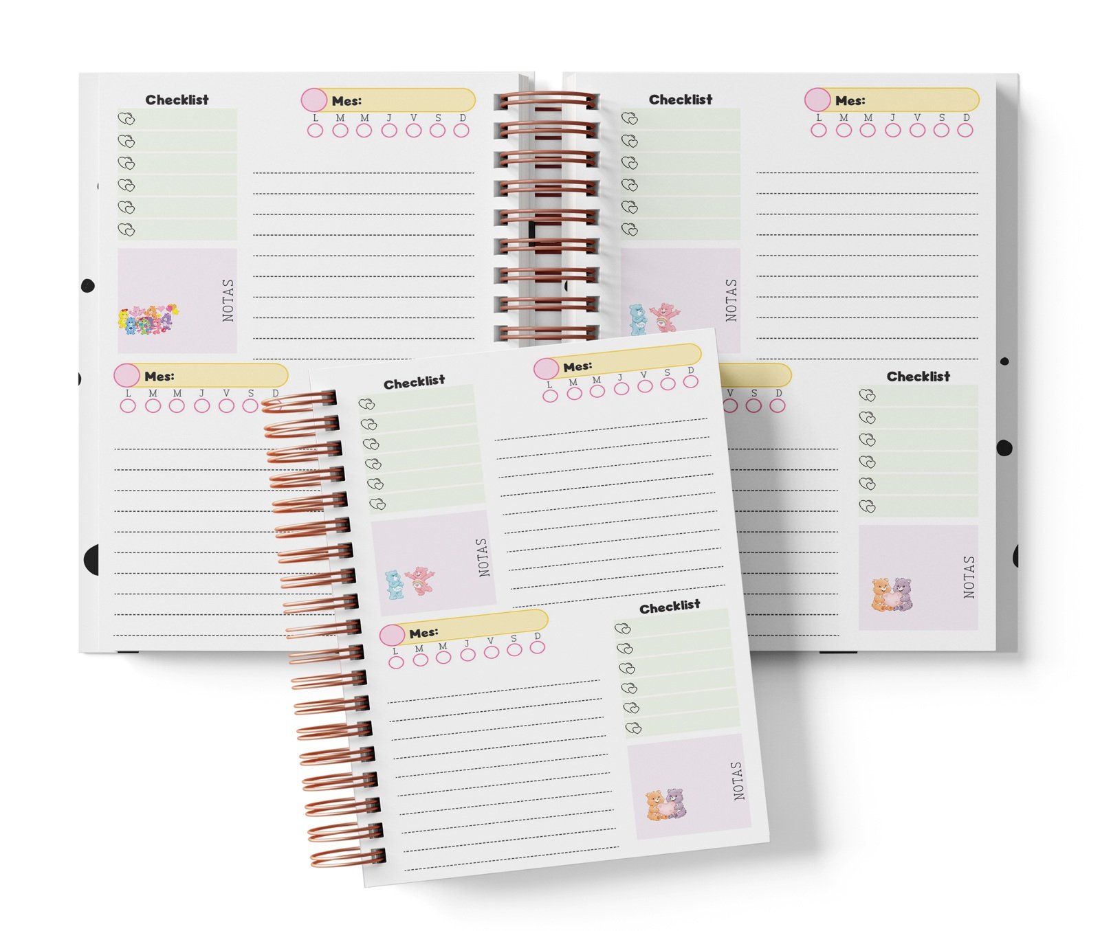 Planner Cariñositos con dos espacios por página, Mes y día por completar, Checklist y notas.