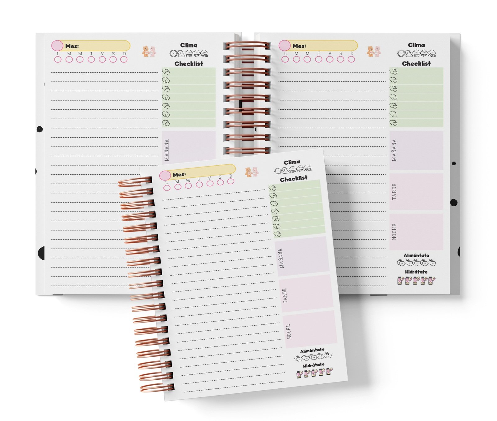 Planner diario Cariñositos con Mes y selector de día por completar, clima, Checklist, alimentación e hidratación.