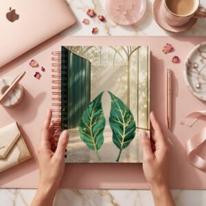 Mockup de portada del pack Celestial Bloom, modelo 009: dos hojas verdes con vetas doradas en escena de paneles verdes y crema; archivos digitales.