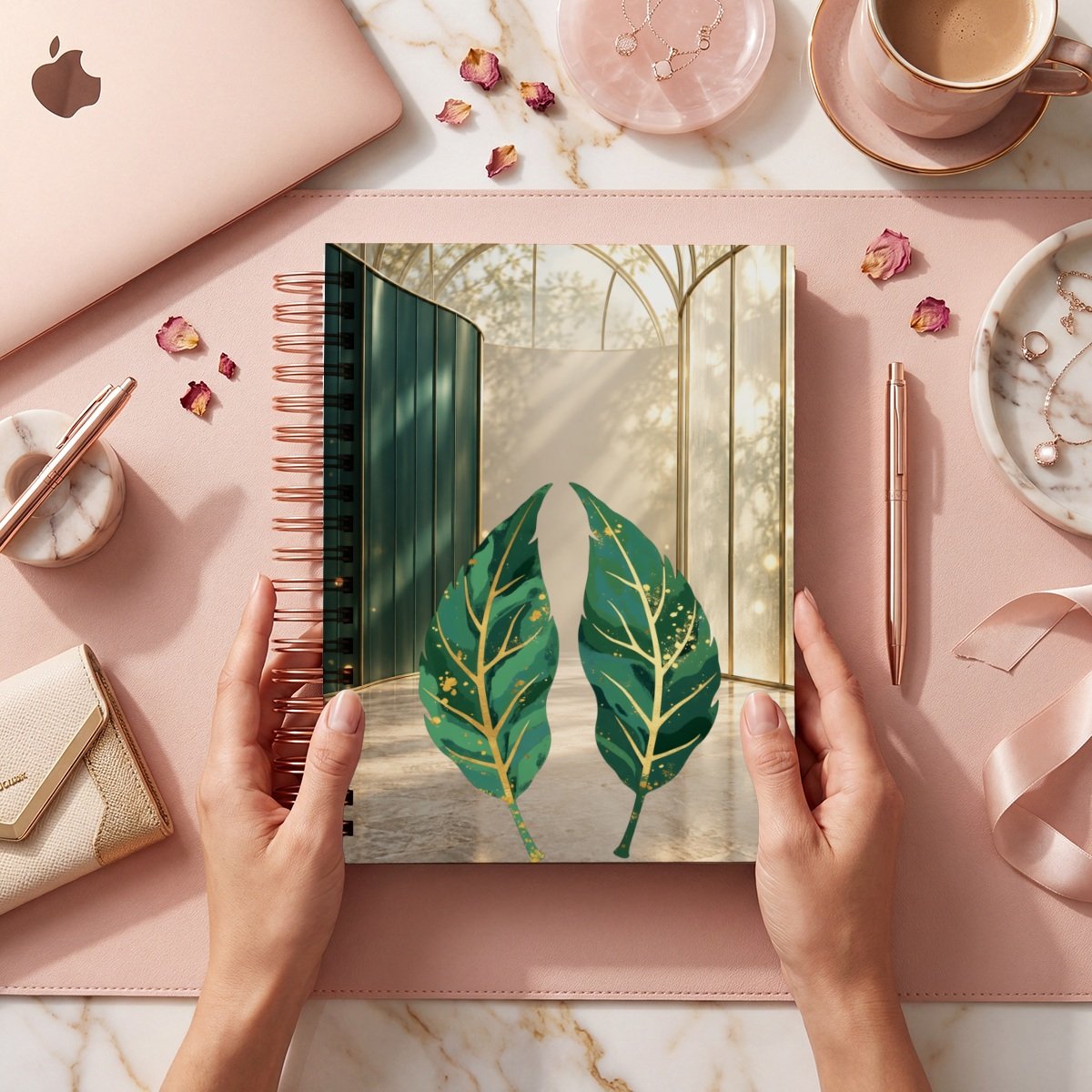 Mockup de portada del pack Celestial Bloom, modelo 009: dos hojas verdes con vetas doradas en escena de paneles verdes y crema; archivos digitales.