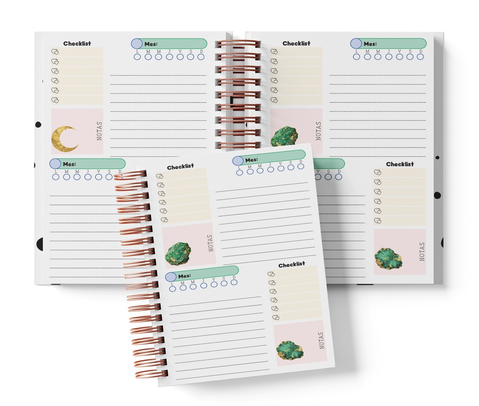 Planner Celestial Bloom con dos espacios por página, Mes y día por completar, Checklist y notas.