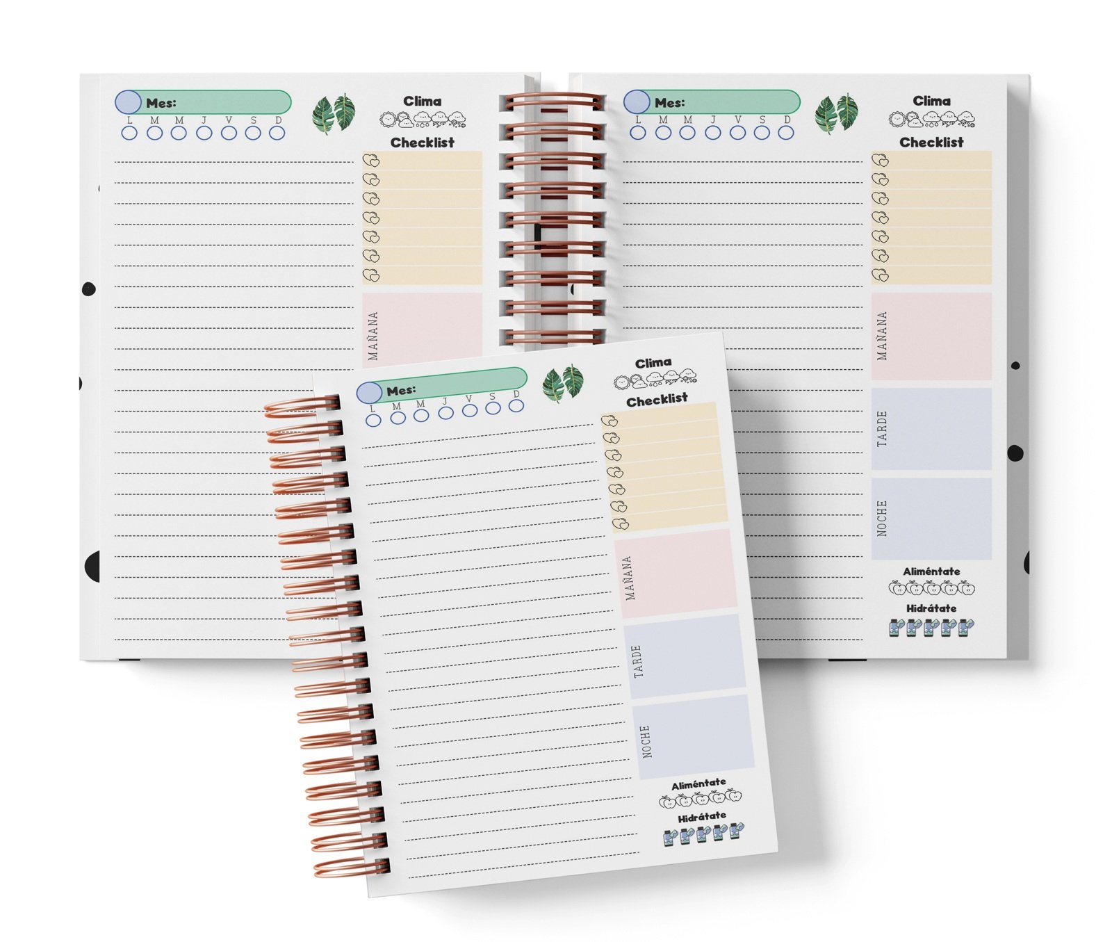 Planner diario Celestial Bloom con Mes y selector de día por completar, clima, Checklist, alimentación e hidratación.