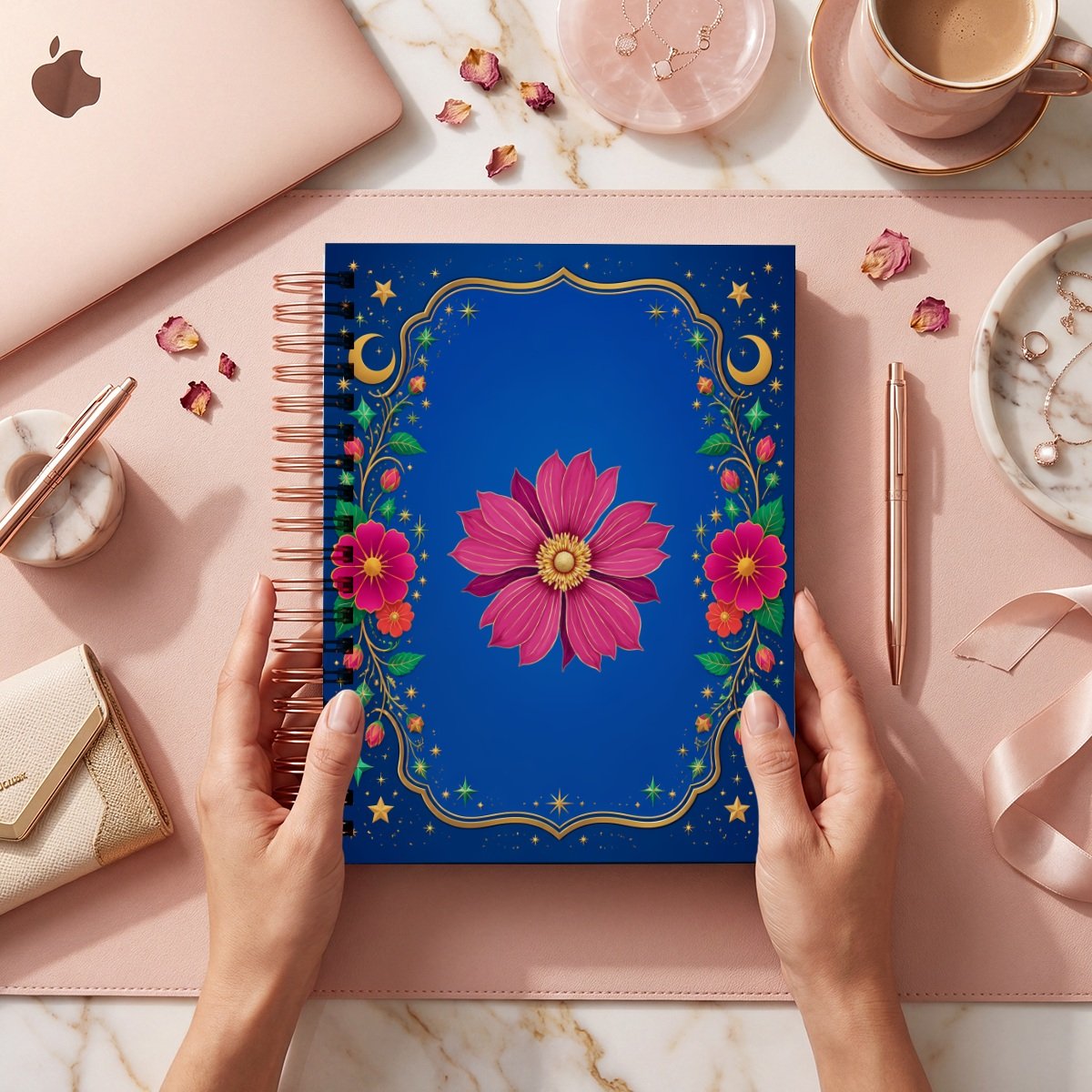 Mockup de portada del pack Celestial Bloom, modelo 022: flor fucsia central sobre azul, lunas, estrellas y marco dorado; archivos digitales.