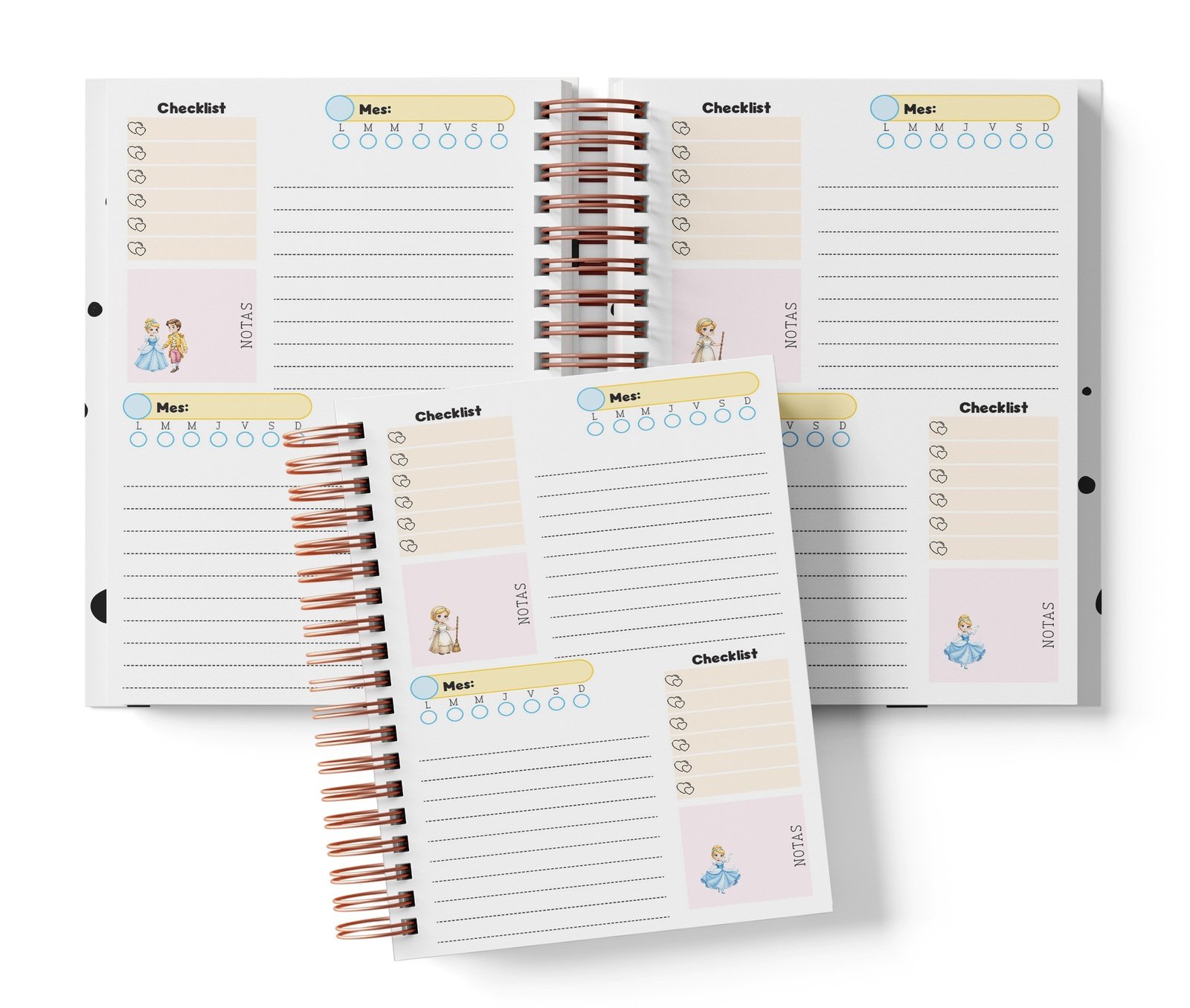 Planner Cenicienta con dos espacios por página, Mes y día por completar, Checklist y notas.