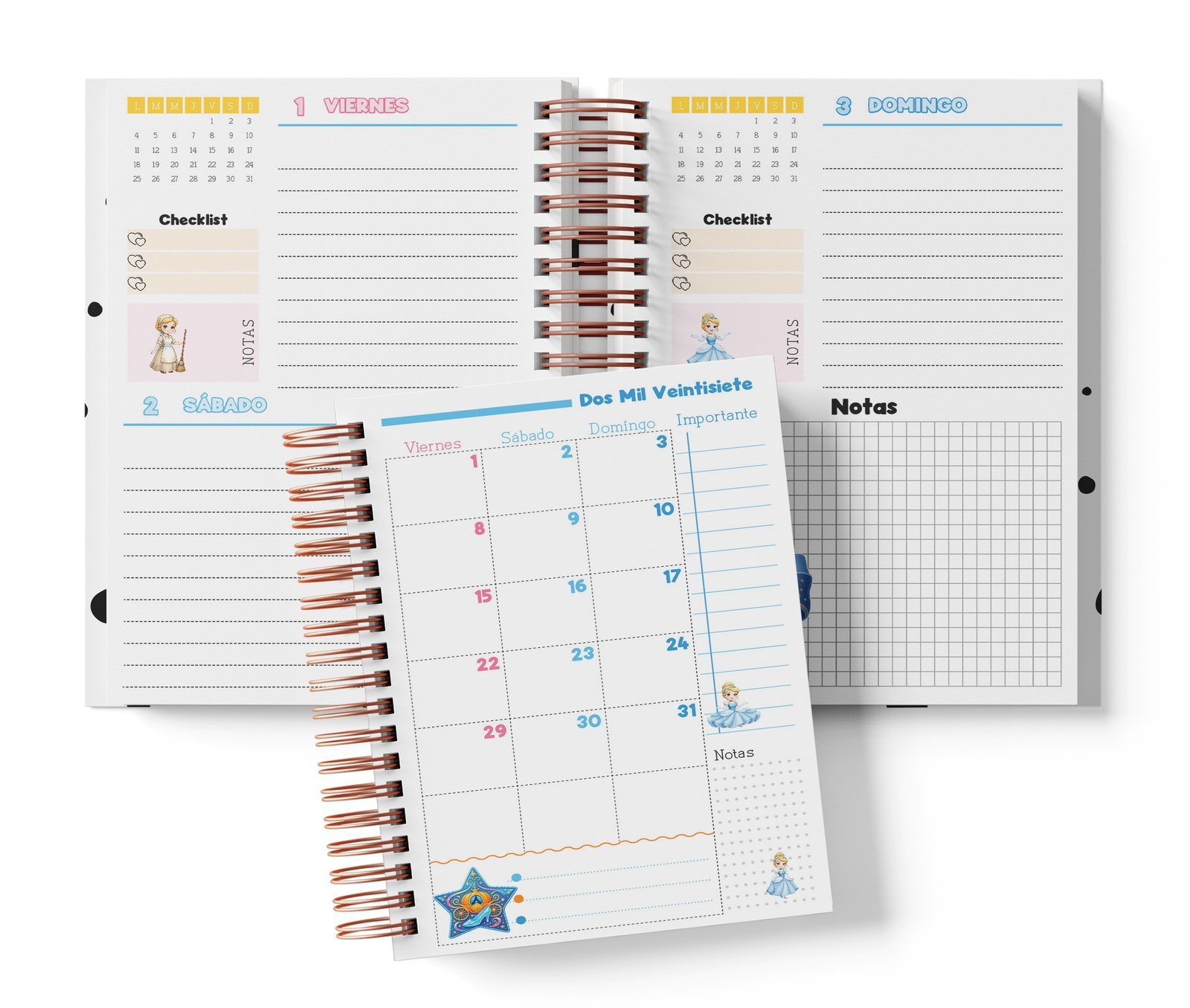 Interior Cenicienta de dos días fechado: viernes y sábado, domingo con notas y muestra mensual.