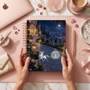 Mockup de portada del pack Cenicienta, modelo002: carroza con caballo en jardín palaciego nocturno; archivos digitales.