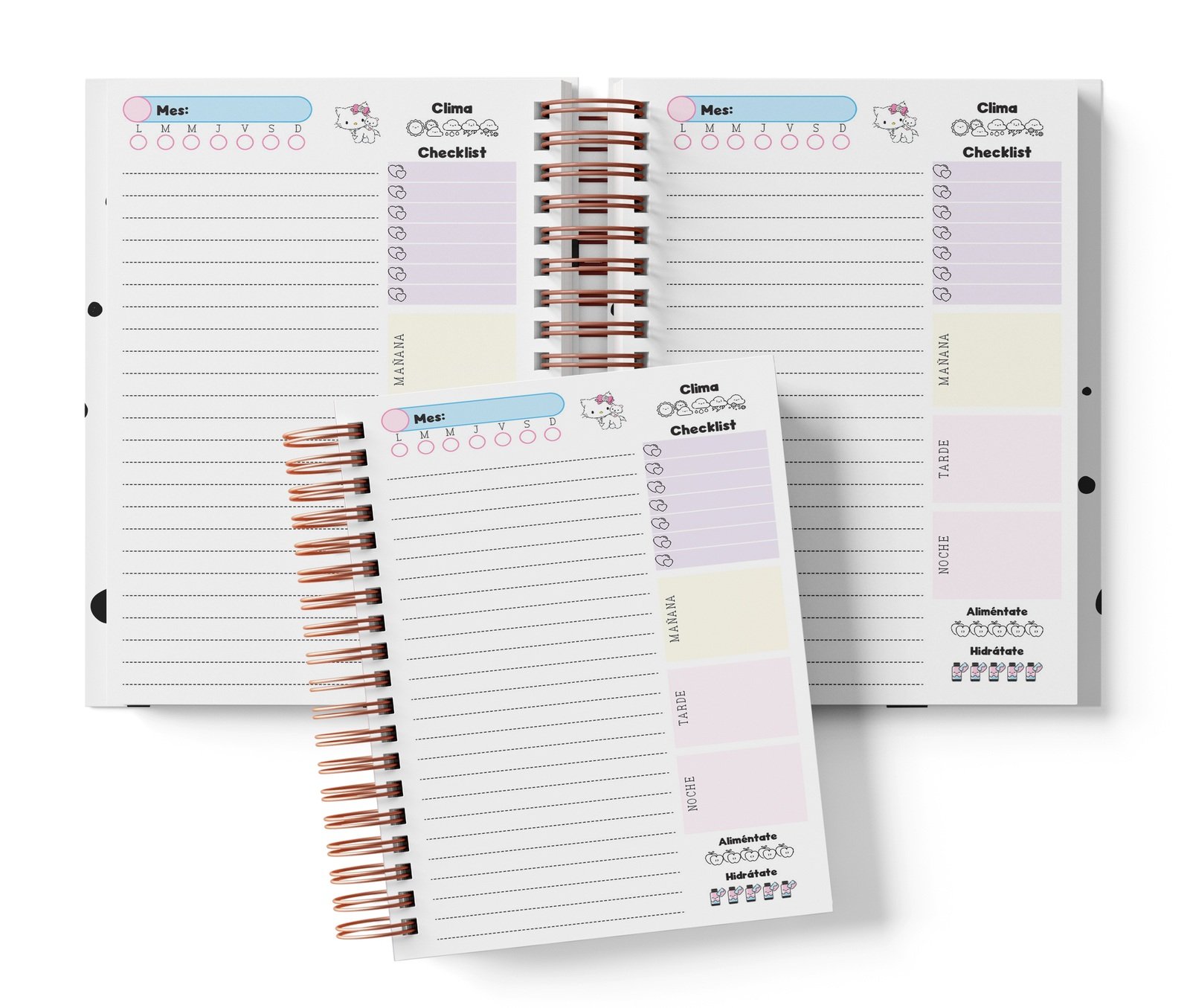 Planner diario Charmmy Kitty con Mes y selector de día por completar, clima, Checklist, alimentación e hidratación.