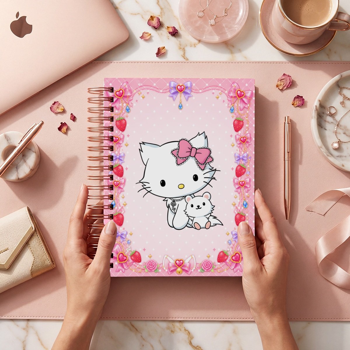 Mockup de portada del pack Charmmy Kitty, modelo 022: gatita y animal pequeño en marco rosa con fresas y lazos; archivos digitales.