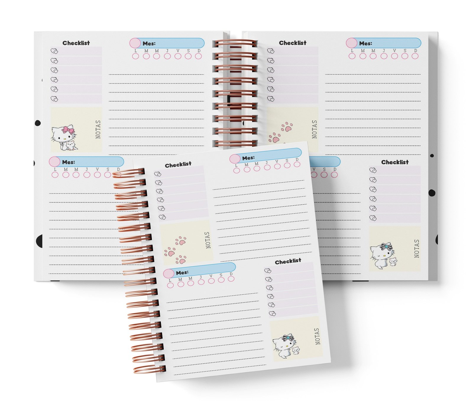Planner Charmmy Kitty con dos espacios por página, Mes y día por completar, Checklist y notas.