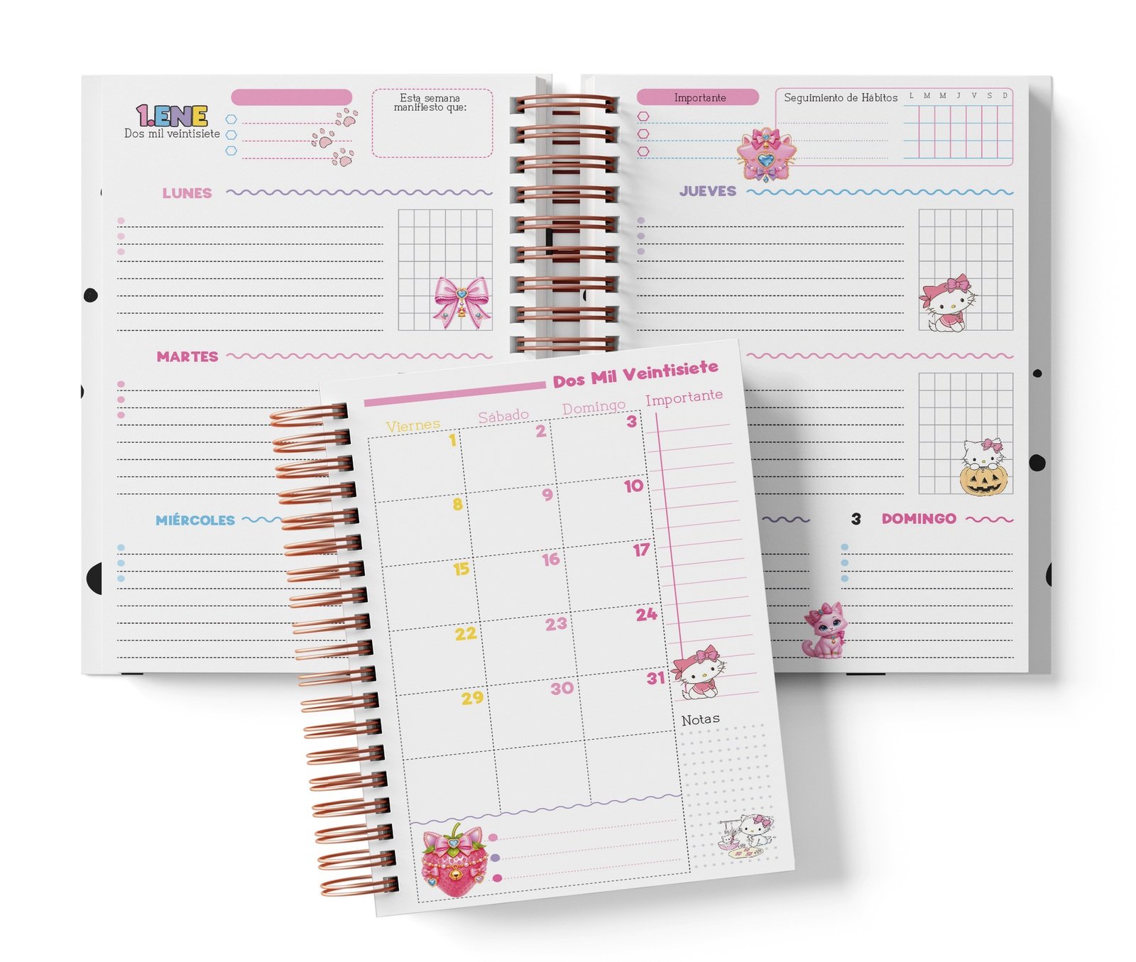Interior semanal Charmmy Kitty con planificación por días, Seguimiento de Hábitos y muestra mensual.