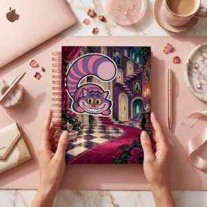 Mockup de portada del pack Chesire Cat, modelo 003: gato sonriente con gran cola ante puertas y escaleras; archivos digitales.