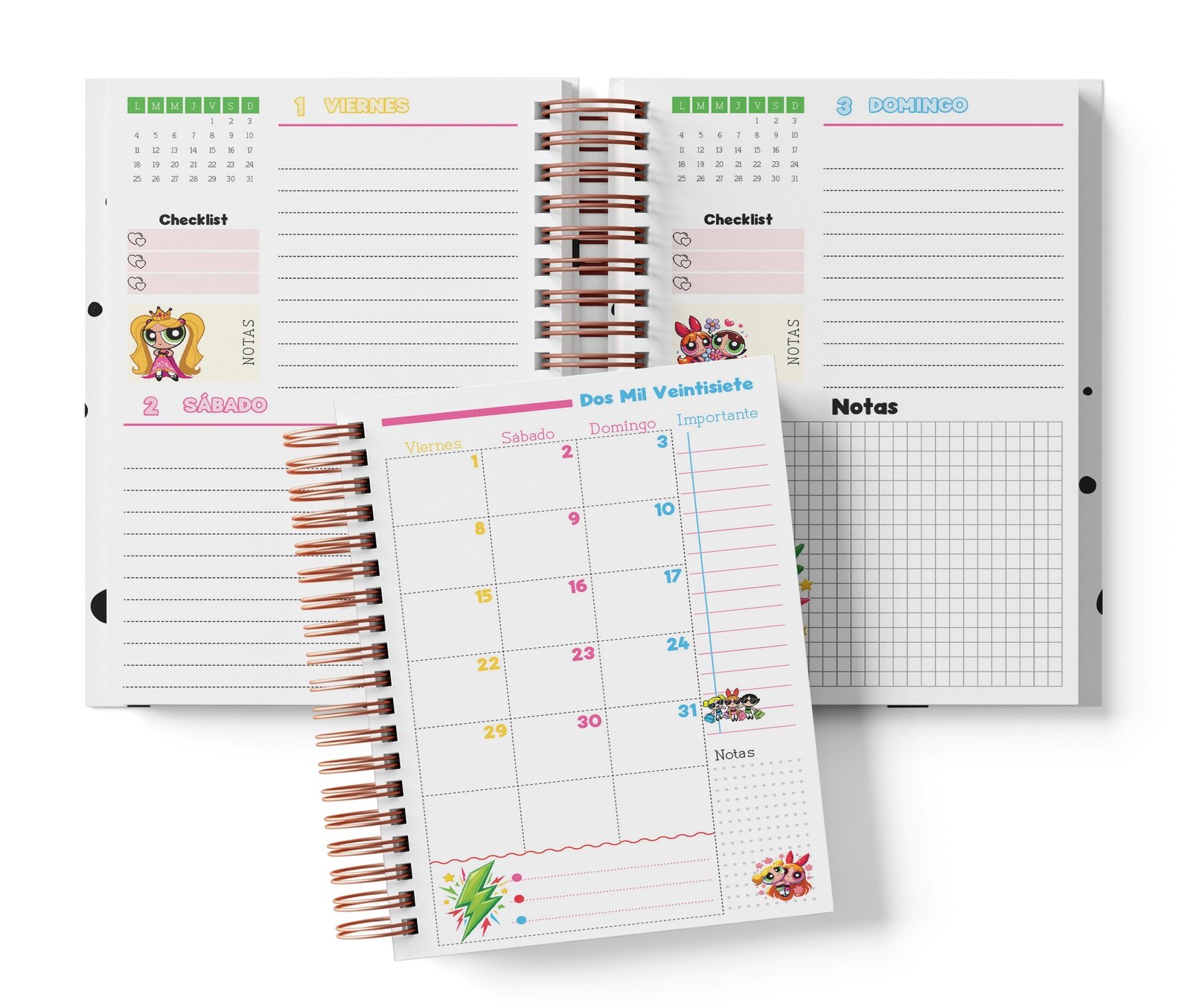 Interior Chicas Super Poderosas de dos días fechado: viernes y sábado, domingo con notas y muestra mensual.