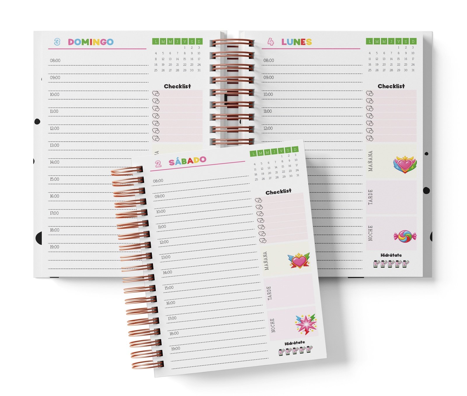 Diaria Chicas Super Poderosas con horario de 08:00 a 19:00, Checklist y bloques de mañana, tarde y noche.