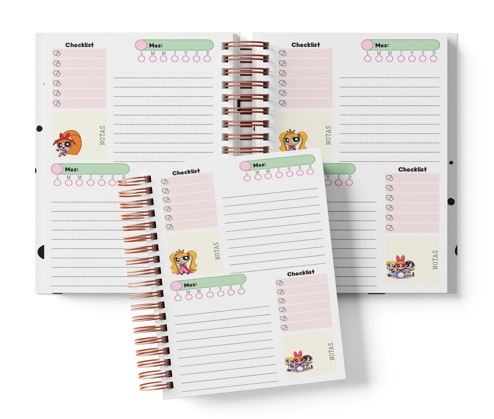 Planner Chicas Super Poderosas con dos espacios por página, Mes y día por completar, Checklist y notas.
