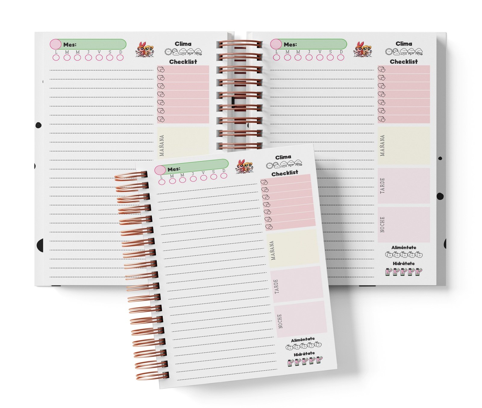 Planner diario Chicas Super Poderosas con Mes y selector de día por completar, clima, Checklist, alimentación e hidratación.
