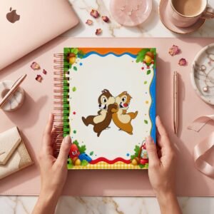 Mockup de portada del pack Chip and Dale, modelo 024: dos ardillas en marco con bellotas, hojas, mochila y farol; archivos digitales.