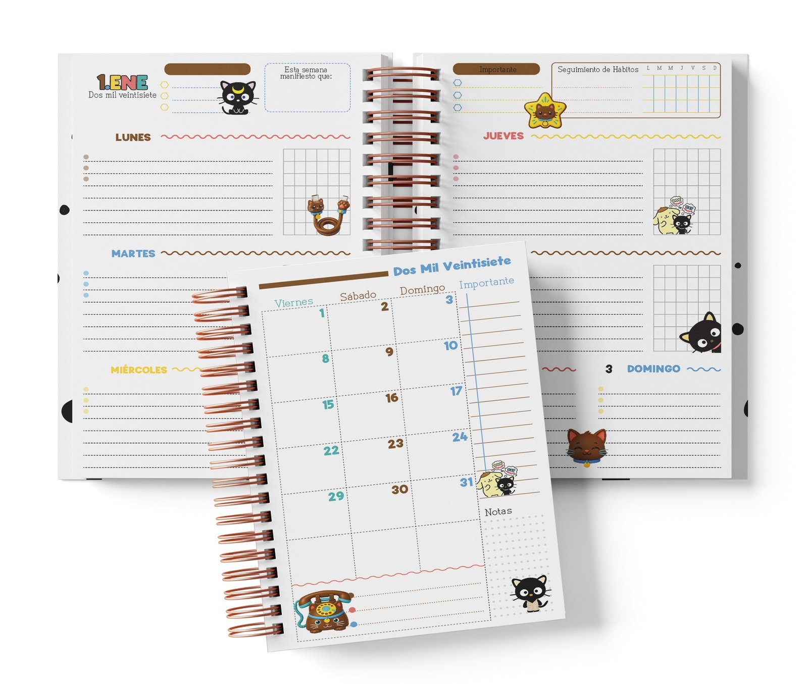 Interior semanal Chococat con planificación por días, Seguimiento de Hábitos y muestra mensual.