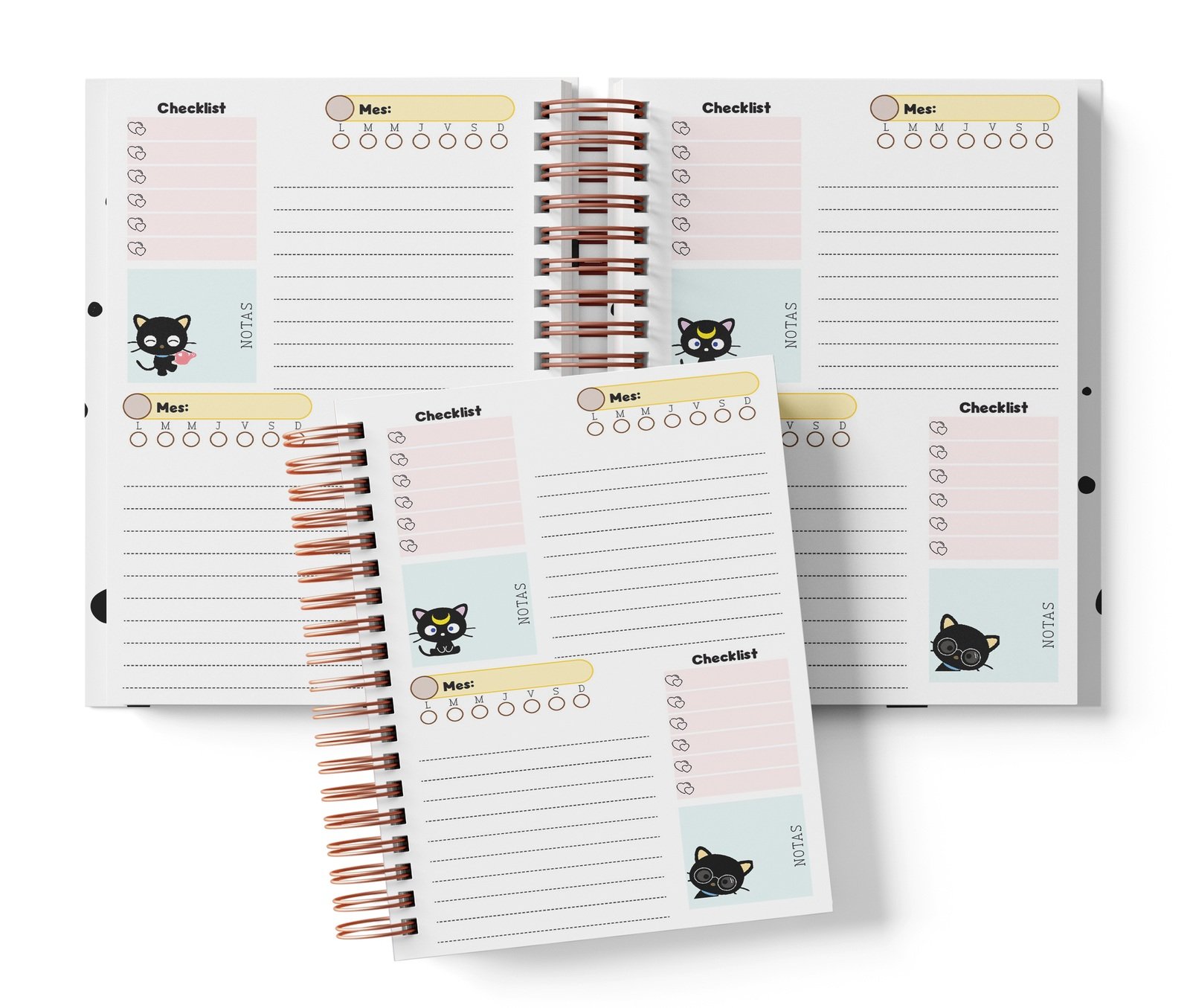 Planner Chococat con dos espacios por página, Mes y día por completar, Checklist y notas.