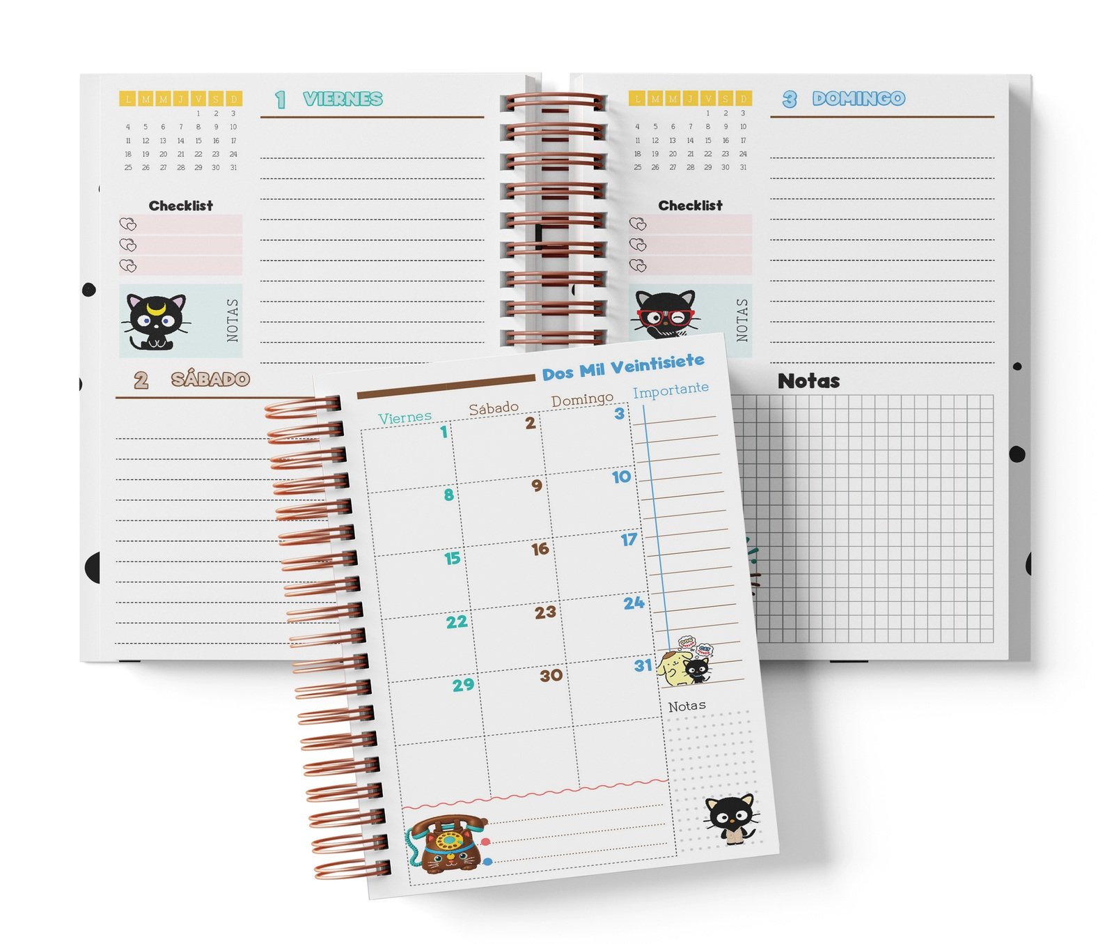 Interior Chococat de dos días fechado: viernes y sábado, domingo con notas y muestra mensual.