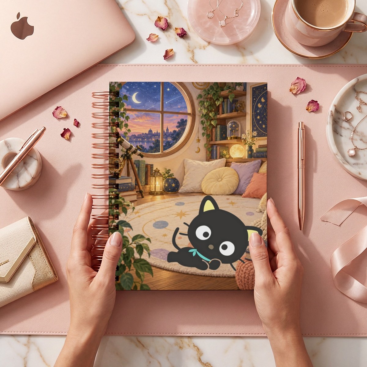 Mockup de portada del pack Chococat, modelo 001: gato negro en habitación con telescopio y ventana circular al anochecer; archivos digitales.