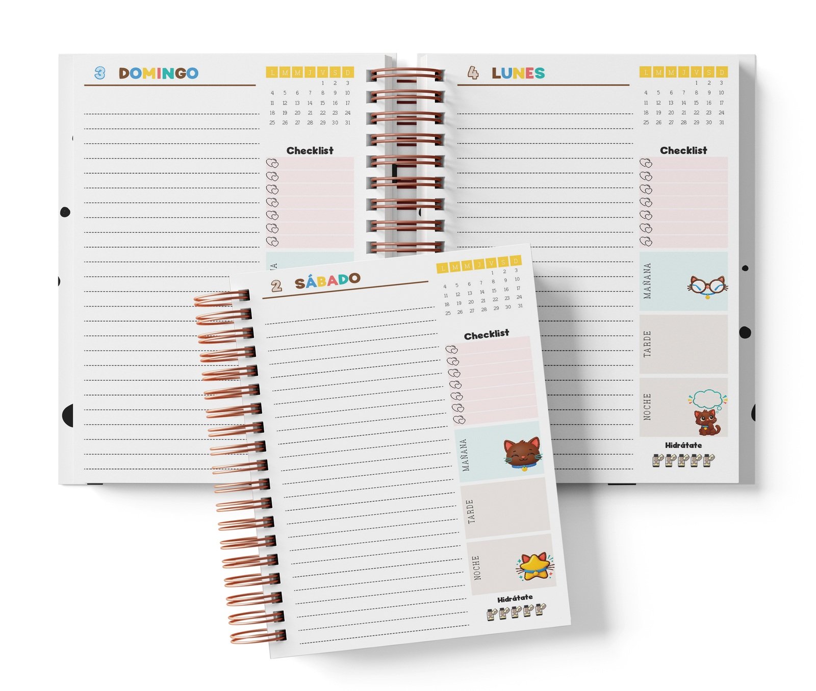 Diaria Chococat fechada con renglones sin horas impresas, Checklist y bloques de jornada.