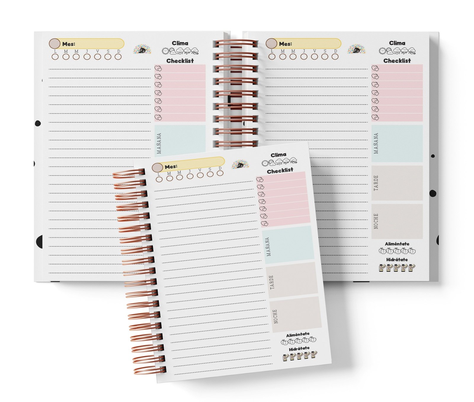 Planner diario Chococat con Mes y selector de día por completar, clima, Checklist, alimentación e hidratación.