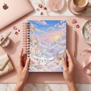 Mockup de portada del pack Cinnamoroll, modelo 001: personaje blanco de orejas largas con globos en palacio entre nubes; archivos digitales.