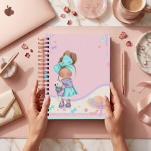 Mockup de portada del pack Cute Dolls, modelo 016: muñeca con gran lazo turquesa y peluche blanco en fondo rosa con sombrero; archivos digitales.