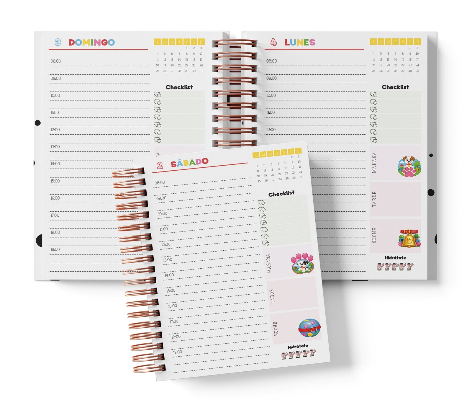 Diaria Dálmatas con horario de 08:00 a 19:00, Checklist y bloques de mañana, tarde y noche.