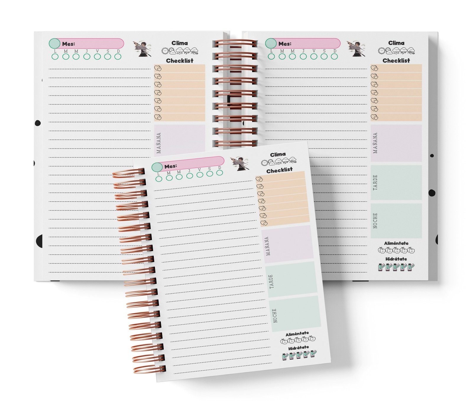 Planner diario Demon Slayer con Mes y selector de día por completar, clima, Checklist, alimentación e hidratación.