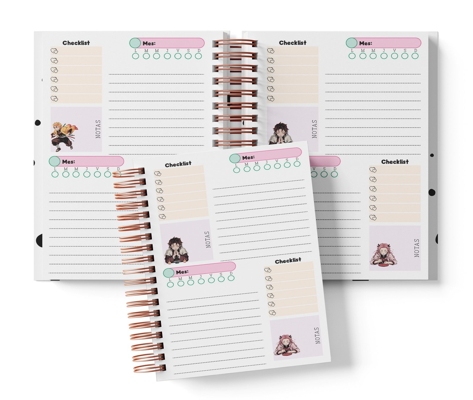 Planner Demon Slayer con dos espacios por página, Mes y día por completar, Checklist y notas.