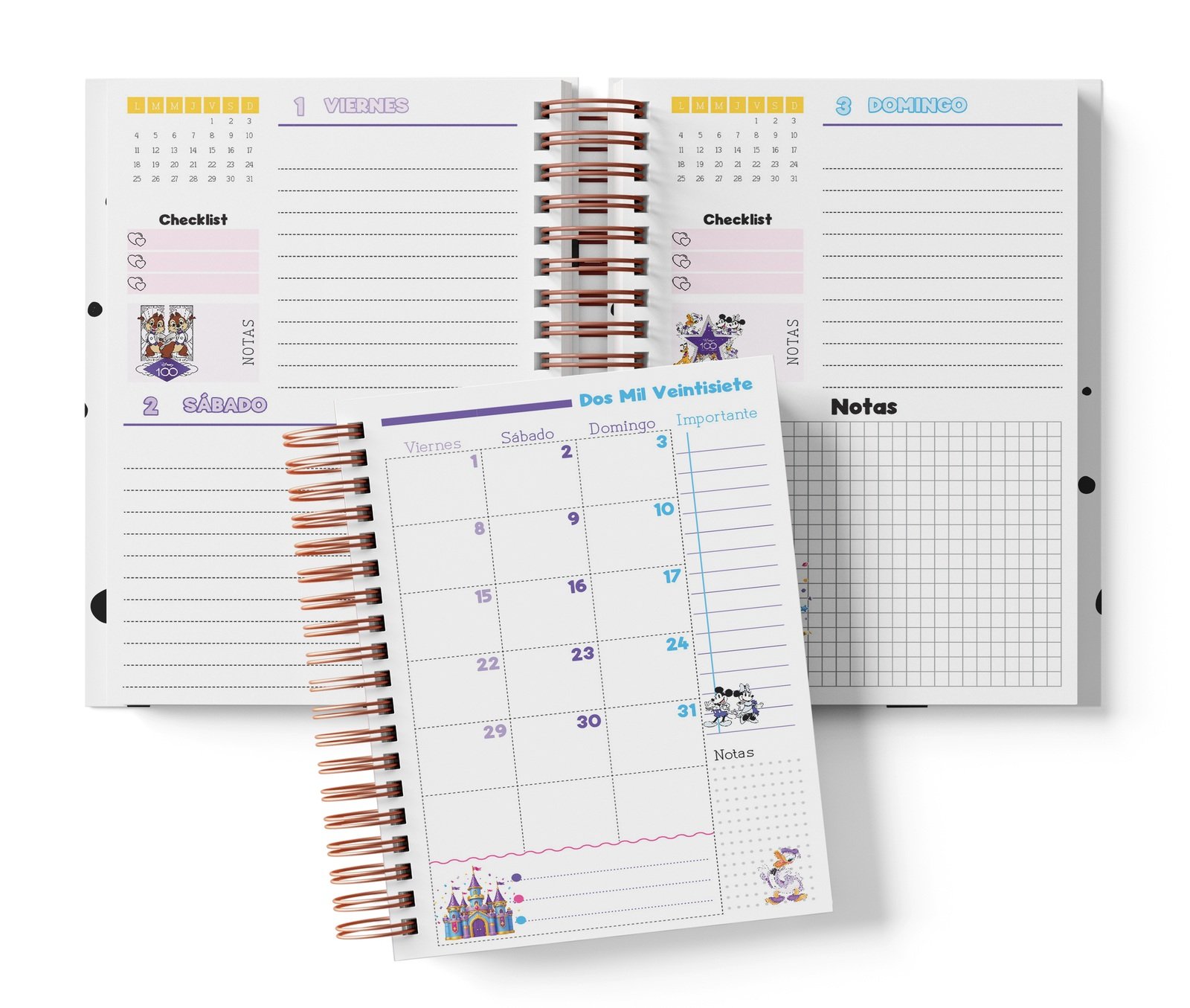 Interior Disney 100 de dos días fechado: viernes y sábado, domingo con notas y muestra mensual.