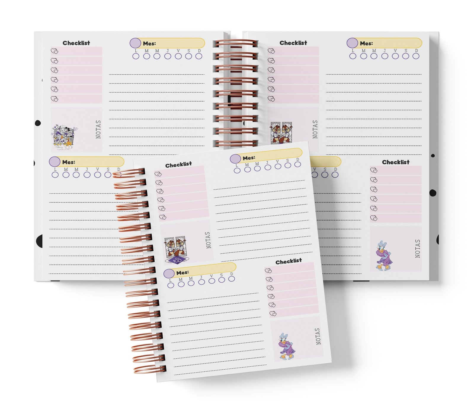 Planner Disney 100 con dos espacios por página, Mes y día por completar, Checklist y notas.
