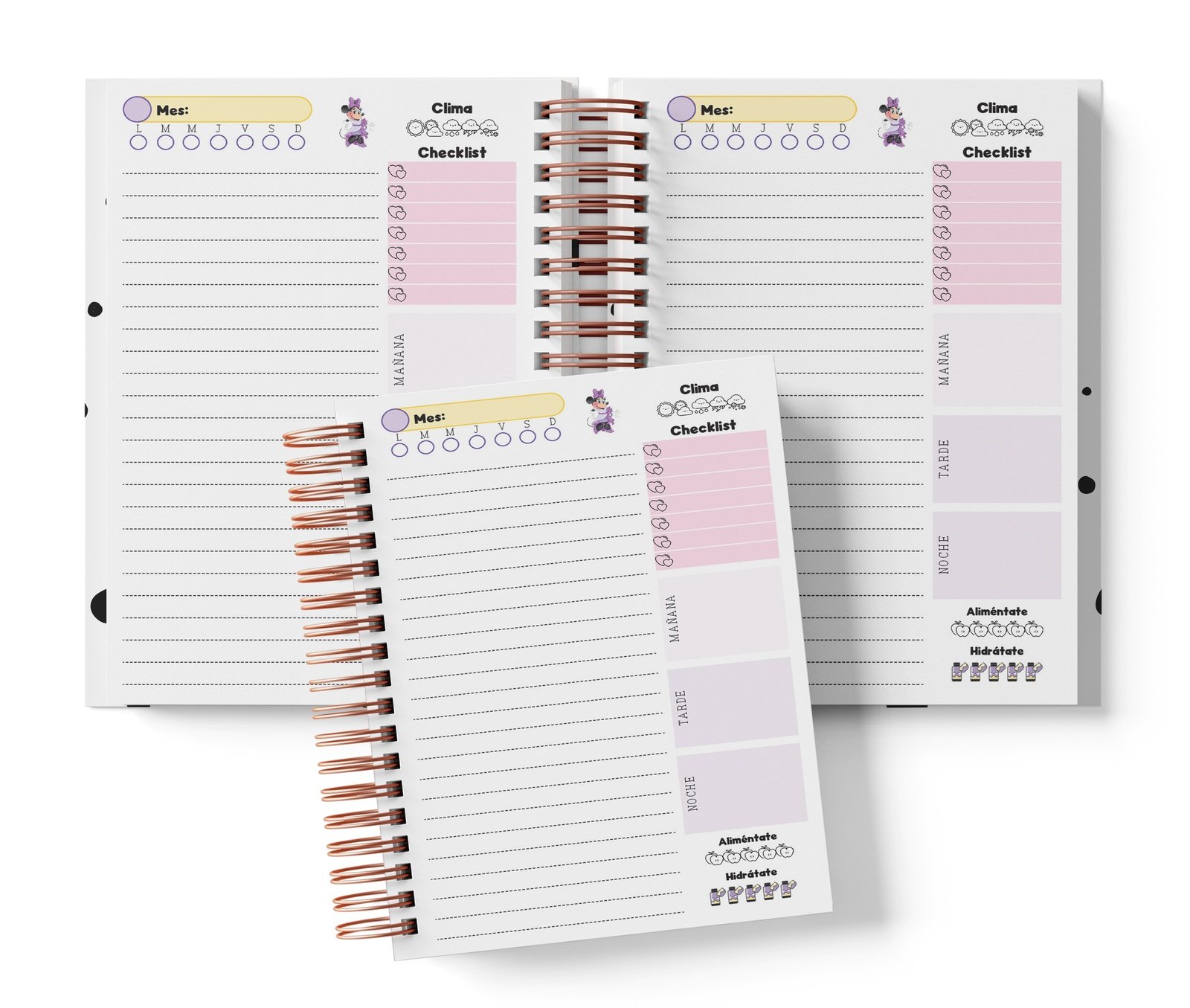 Planner diario Disney 100 con Mes y selector de día por completar, clima, Checklist, alimentación e hidratación.